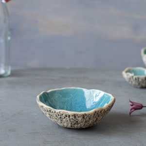 Handmade pottery bowl Ceramic dessert bowl Colourful green glaze Speckled Turquoise
