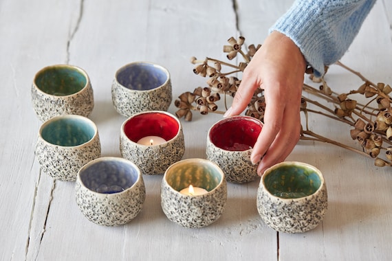 Handmade Ceramic Tea light holder Candleholder in Red, Turquoise, Forest Green and Waterfall Blue