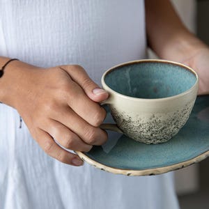 May include: A blue and white ceramic teacup and saucer with a speckled glaze. The cup has a rounded shape and a handle. The saucer is a simple, rounded shape.
