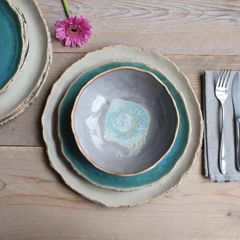 SALE Dinner Set coupe Turquoise Pottery Handmade Ceramic Dinnerware Set