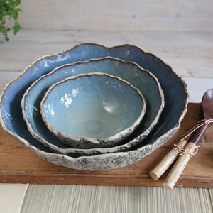 3er Set handgemachte Keramik große Servierschalen, Salatschalen, rustikale Keramik, schöne Mittelstücke