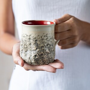May include: A ceramic mug with a textured, speckled surface in shades of gray and white. The mug has a red rim and a handle.