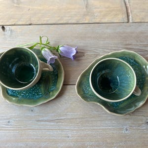 Rustic tea Cup with saucer Stoneware cappuccino cup Handmade ceramic cup Organic Pottery Gift for her Gift for him New Forest Green