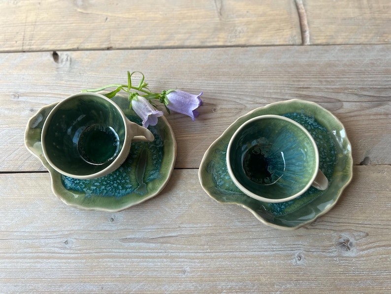 Rustic tea Cup with saucer Stoneware cappuccino cup Handmade ceramic cup Organic Pottery Gift for her Gift for him New Forest Green