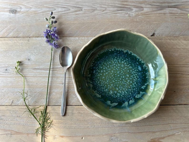 Ceramic pasta bowl Waterfall Glaze Pottery Handmade Ceramics Ramen bowl Large bowl Organic shaped stoneware New Forest Green
