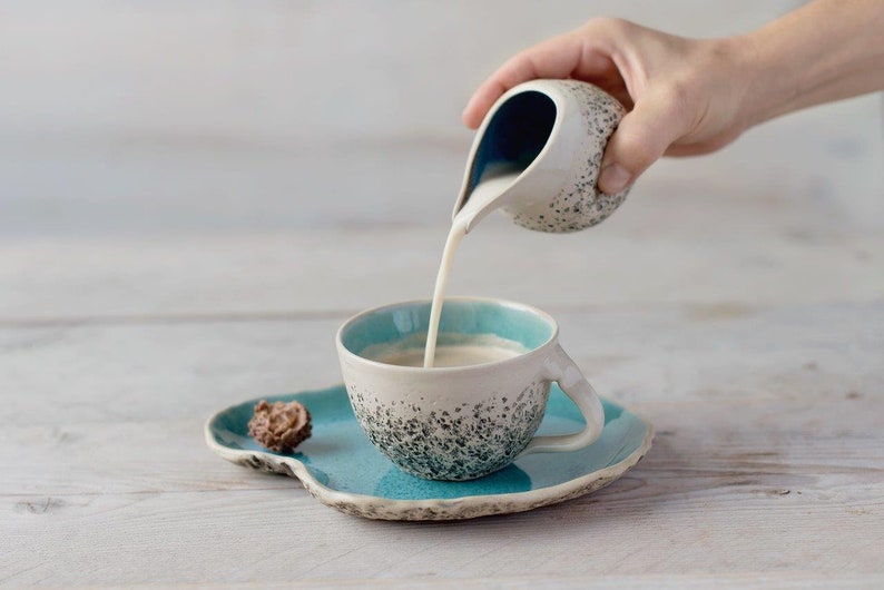 Handmade ceramic cup with saucer Pottery tea cup Unique cappuccino cup Organic tableware Speckled Turquoise