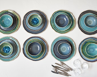 8-Personen-Geschirr-Set Handgefertigte Keramik Bio-Dinner-Set für 8 Personen Geschirrset Rustikale Keramik