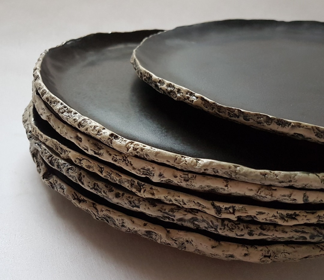 6 Black Plates 11.8 30cm Handmade Ceramic Plate Stoneware Plates