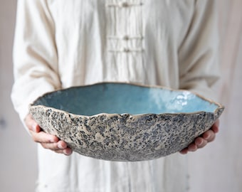 Large blue serving  bowl Handmade ceramics Organic bowl Serving bowl Fruit bowl Artistic Centrepiece