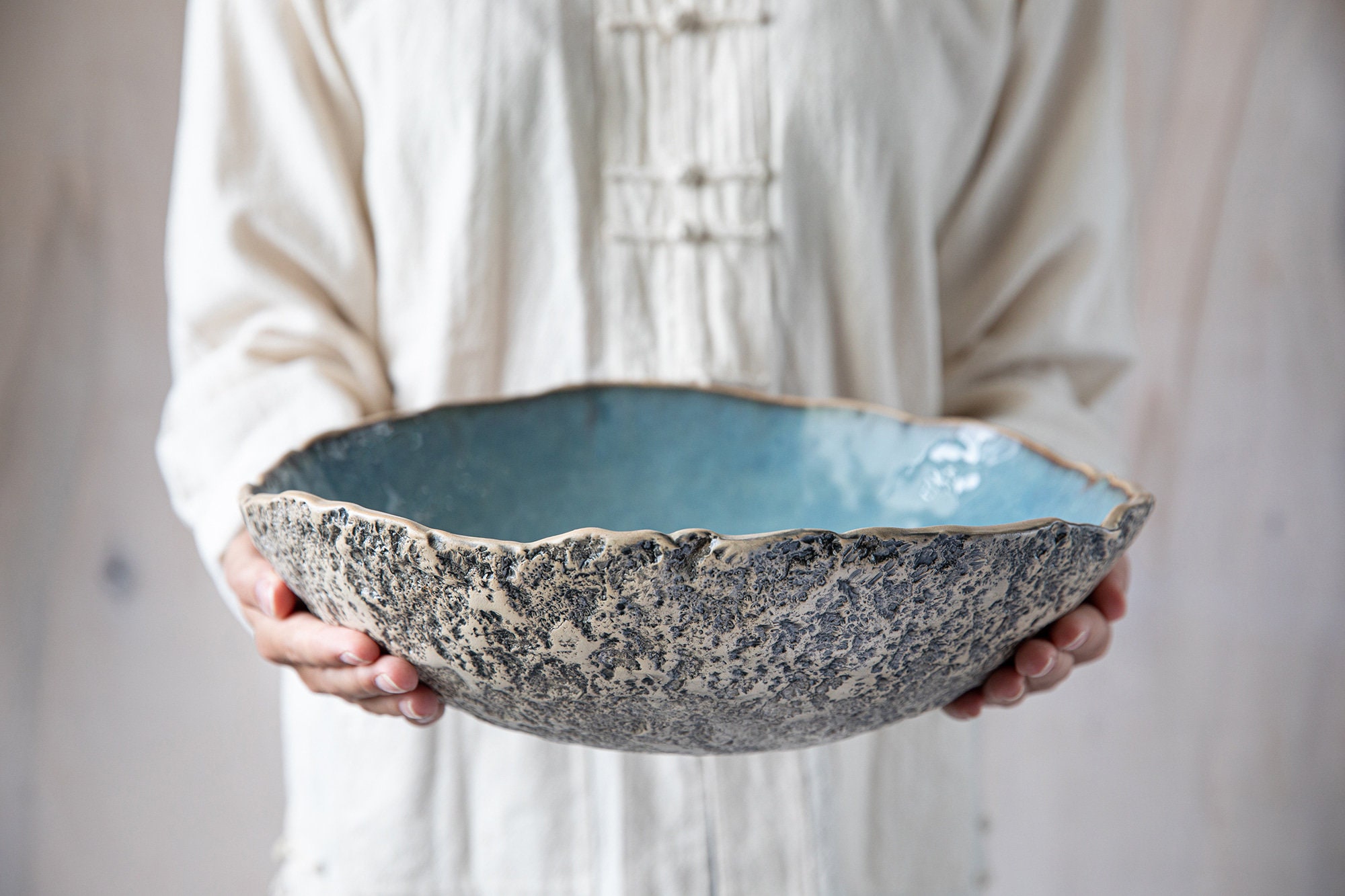 Extra Large Ceramic Bowl Indigo Blue Modern Rustic Stoneware Mixing Bowl  Organic Pottery Salad Serving Bowl Handmade Wabi Sabi Fruit Bowl 