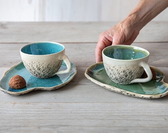 Taza de té con platillo SET de 2 piezas Tazas de capuchino hechas a mano Taza de gres Cerámica de cerámica