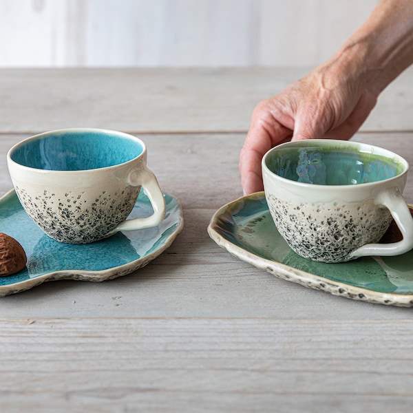 Tea cup with saucer SET of 2pcs Handmade cappuccino cups Stoneware cup Pottery ceramics