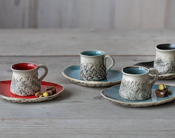 SET OF 4 Ceramic espresso cups with saucer Handmade pottery Organic tableware Unique macchiato cup with saucer