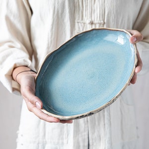 Ceramic platter Organic pottery Handmade serving plate Oval plate Cheese plate Fruit bowl Speckled Blue