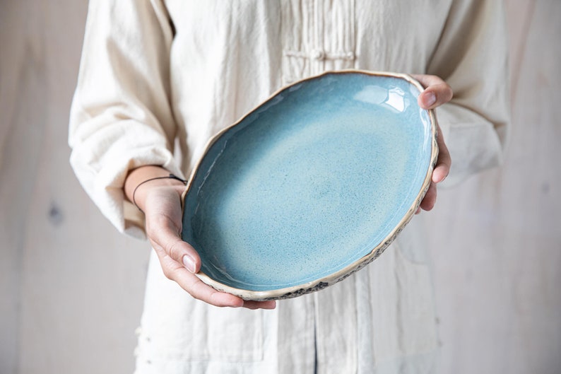 Ceramic platter Organic pottery Handmade serving plate Oval plate Cheese plate Fruit bowl Speckled Blue