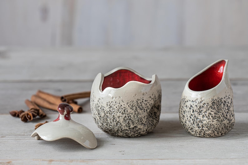 Sugar bowl & creamer jug Handmade ceramic sugar and milk set Unique gift! Red pottery Studio pottery Dishwasher safe Playful Red