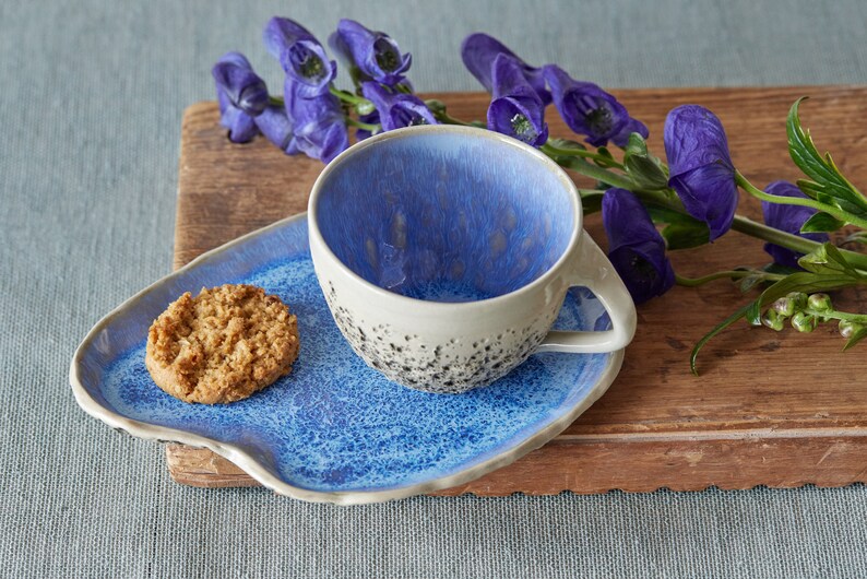 May include: A blue and white ceramic teacup and saucer set with a speckled glaze. The saucer has an irregular shape and a cookie is on the saucer.