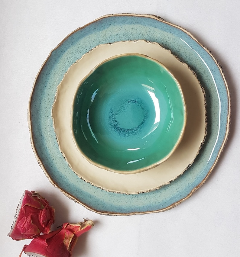 Ceramic stoneware dinner set colorful tableware unique pottery ceramic plates blue ceramics red ceramics Blue White Turquoise