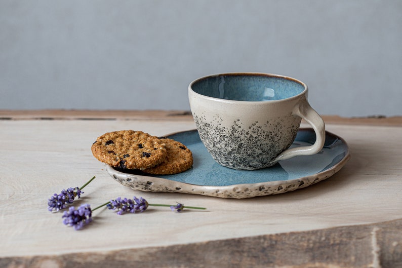 Green rustic tea Cup with saucer Stoneware cappuccino cup Handmade ceramic cup Organic Pottery Gift for her Gift for him Speckled Blue