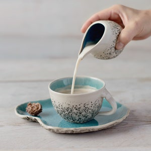 Turquoise tea cup with saucer Stoneware cup Handmade cup Cappuccino cup Pottery mug Birthday Gift Organic ceramics image 2