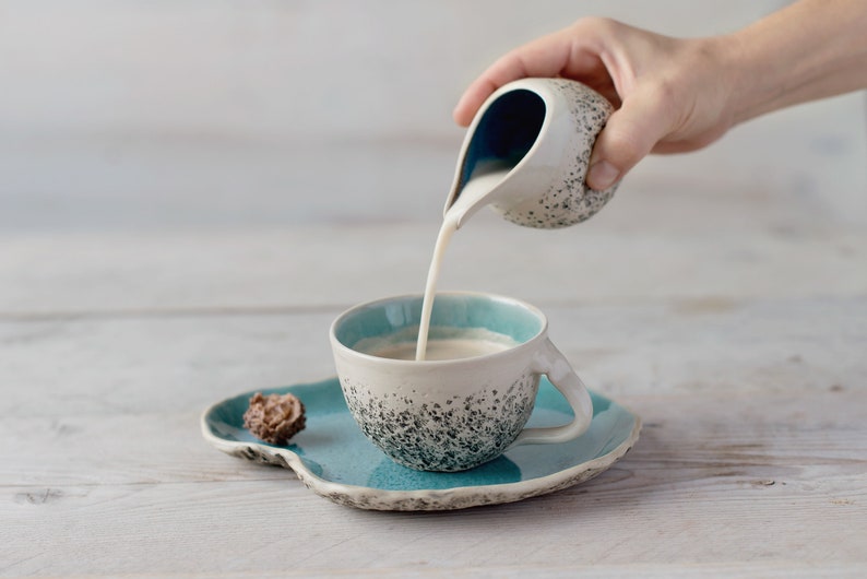 Turquoise tea cup with saucer Stoneware cup Handmade cup Cappuccino cup Pottery mug Birthday Gift Organic ceramics image 2