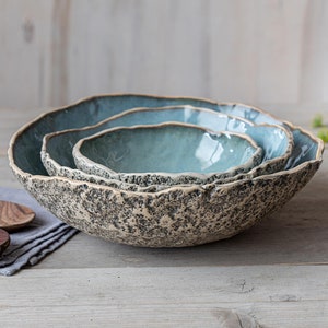 Ceramics serving bowls Nesting set Salad bowls Organic pottery Handmade center pieces Blue tableware