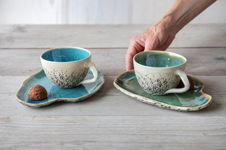 Green rustic tea Cup with saucer Stoneware cappuccino cup Handmade ceramic cup Organic Pottery Gift for her Gift for him image 3