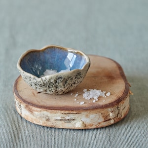 May include: A small, blue and white ceramic bowl filled with salt sits on a wooden slice. The bowl has a rough, textured exterior.