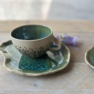 Blue cappuccino cup with saucer | Wheelthrown teacup | Stoneware cup | Handmade | Rustic coffee cup | Organic ceramics | Tea Cup Gift New Forest Green