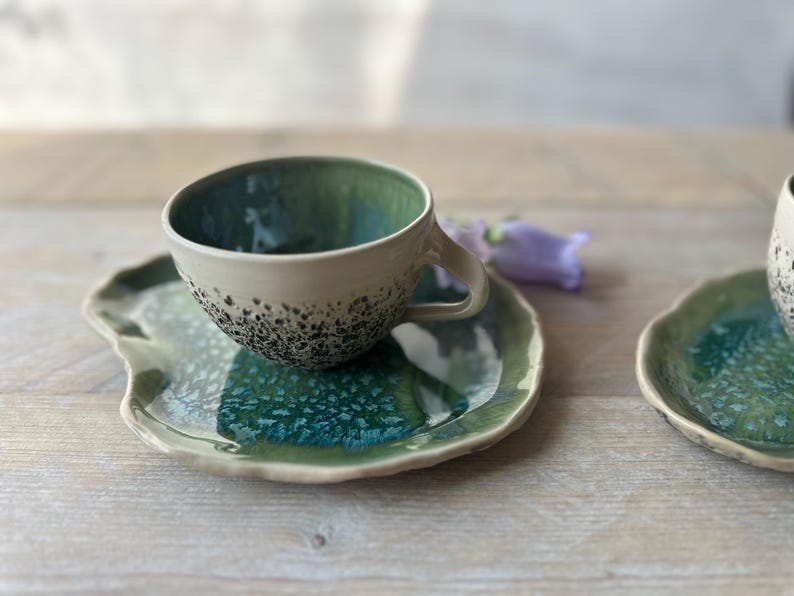 Blue cappuccino cup with saucer | Wheelthrown teacup | Stoneware cup | Handmade | Rustic coffee cup | Organic ceramics | Tea Cup Gift New Forest Green