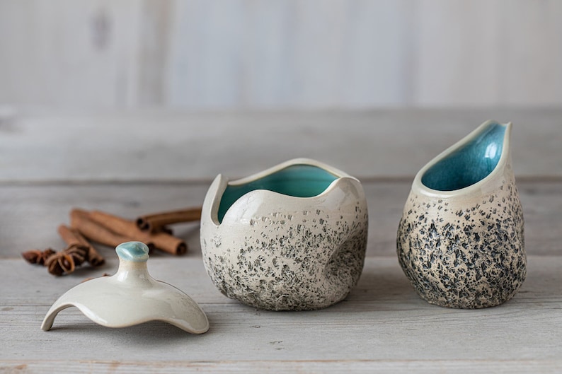 Sugar bowl & creamer jug Handmade ceramic sugar and milk set Unique gift! Red pottery Studio pottery Dishwasher safe Speckled Turquoise