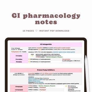 Puede incluir: Un gráfico rosa y blanco con el título "Notas de farmacología GI" y una lista de medicamentos para afecciones gastrointestinales. Los medicamentos se clasifican como antagonistas H2 e inhibidores de la bomba de protones. El gráfico también incluye información sobre el inicio, la duración y los efectos secundarios de cada medicamento.