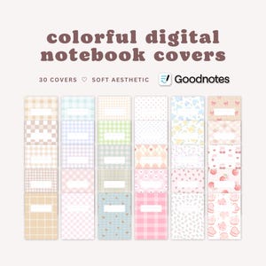 May include: A selection of colourful digital notebook covers featuring diverse patterns such as gingham, polka dots, and floral designs. The covers are in pastel shades like pink, blue, and green, with white label spaces. The text reads "Colorful Digital Notebook Covers."