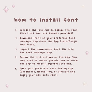Może przedstawiać: Jasnor&oacute;żowe tło z brązowym napisem "how to install font". Poniżej tytułu znajdują się instrukcje dotyczące instalacji czcionki na urządzeniu. Ozdobne kształty gwiazd i kwiat&oacute;w w rogach.