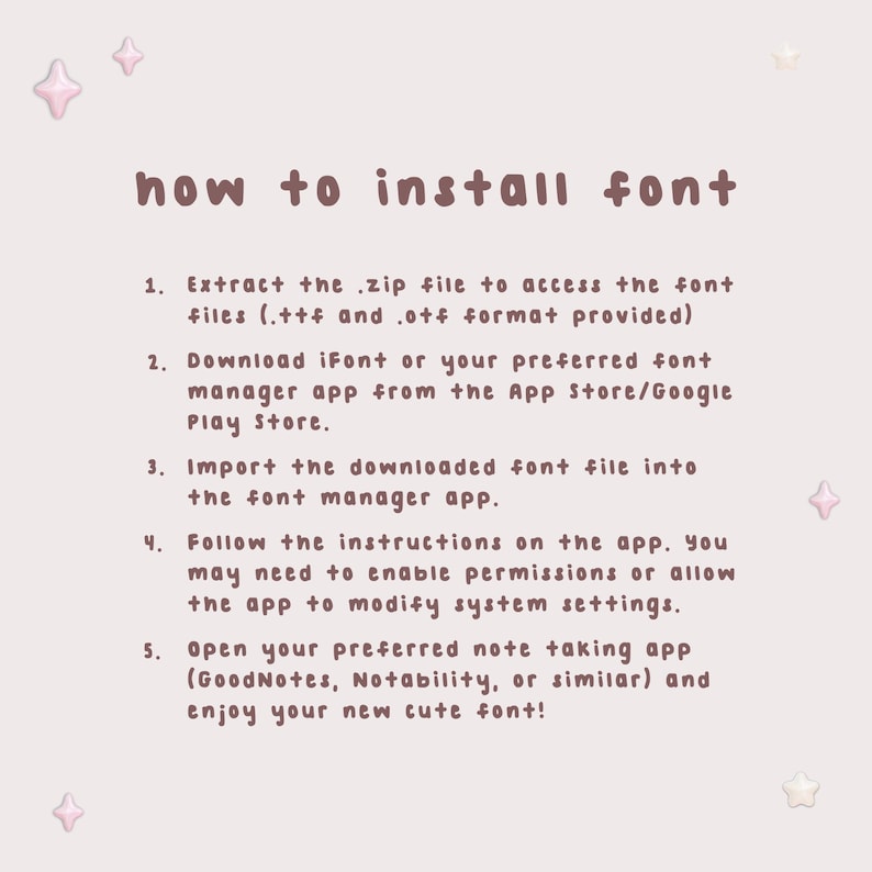 Może przedstawiać: Jasnor&oacute;żowe tło z brązowym napisem "how to install font". Poniżej tytułu znajdują się instrukcje dotyczące instalacji czcionki na urządzeniu. Ozdobne kształty gwiazd i kwiat&oacute;w w rogach.