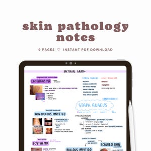 May include: A digital tablet screen displaying notes on skin pathology, including information on bacterial infections like Erythrasma, Non-Bullous Impetigo, Ecthyma, Bullous Impetigo, and Scalded Skin Syndrome. The notes are organized by bacterial type, including Staph. Aureus and Staph. Pyogenes. The notes include information on virulence factors, symptoms, and treatment.