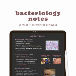 Könnte beinhalten: Ein digitaler Tablet-Bildschirm zeigt Notizen zu säurefesten Bazillen, einschließlich Informationen zu Mycobacterium tuberculosis, Mycobacterium leprae und Mycobacterium marinum. Der Bildschirm enthält auch Bilder von Lepromatöser Lepra und Tuberkuloider Lepra.