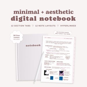 以下が含まれることがあります： ピンクの表紙が付いた白いデジタルノートで、茶色の文字で「minimal + aesthetic digital notebook」と書かれています。このノートは、12のセクションタブ、12のノートレイアウトがあり、ハイパーリンクされています。30種類の無料カバーと「NO EXCESS PAGES, ONLY WHAT YOU NEED」というテキストが含まれています。ノートのサンプルページには、「Pathophysiology, Etiology, Clinical Manifestations, Complications, Investigations」というテキストが表示されています。