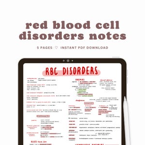 May include: A digital tablet screen displaying notes on red blood cell disorders. The notes are handwritten in black ink and include headings like "RBC Disorders", "Anemias", and "Hemolytic Anemias".