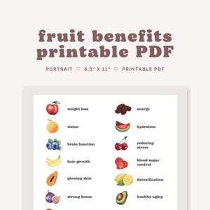 Beneficios de las frutas imprimibles / PDF de 8,5" x 11" / Arte mural de alimentación saludable / Póster de nutrición / Guía de bienestar con frutas / Descarga digital instantánea