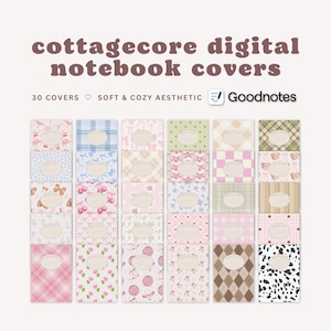 May include: 30 digital notebook covers in a cottagecore aesthetic. The covers feature various patterns including gingham, polka dots, florals, and hearts. The covers are designed for Goodnotes.