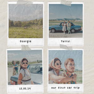Może przedstawiać: Kolaż czterech zdjęć polaroid w stylu vintage. Zdjęcia przedstawiają krajobrazy i ludzi. Jedno zdjęcie zawiera napis "Georgia", drugie "Tbilisi", a pozostałe mają tekst "15.05.24" i "our first car trip". Zdjęcia są przyklejone do teksturowanego tła.