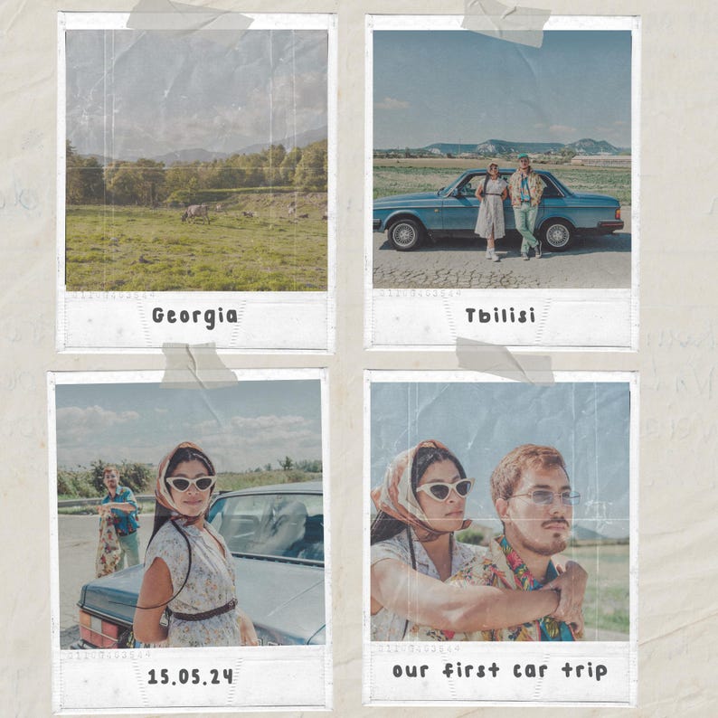 Może przedstawiać: Kolaż czterech zdjęć polaroid w stylu vintage. Zdjęcia przedstawiają krajobrazy i ludzi. Jedno zdjęcie zawiera napis "Georgia", drugie "Tbilisi", a pozostałe mają tekst "15.05.24" i "our first car trip". Zdjęcia są przyklejone do teksturowanego tła.