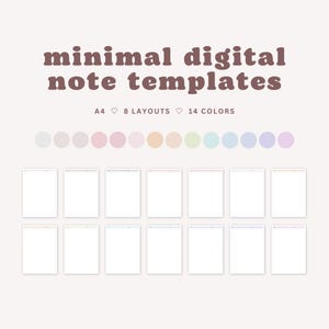 Modelli di note digitali minimali / Layout di appunti colorati e carini / 8 layout, 14 colori / Formato A4 / Download digitale immediato