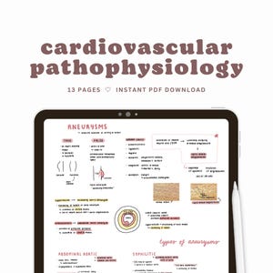 May include: A digital tablet screen displaying a handwritten note about cardiovascular pathophysiology. The note includes a diagram of an aneurysm, a table with the words "True" and "False", and a section titled "Types of Aneurysms".