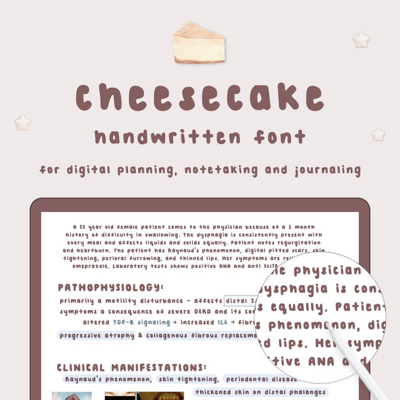 Może przedstawiać: Ręcznie pisana czcionka "cheesecake" do planowania cyfrowego, robienia notatek i prowadzenia dziennika. Obraz przedstawia tablet z notatkami medycznymi i rysikiem.