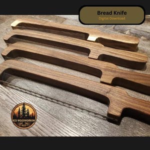 May include: Several wooden bread knives with a dark wood handle and a serrated stainless steel blade are displayed. The knives are arranged on a wooden surface. The text "Bread Knife Digital Download" is in the upper right corner.