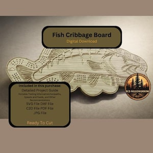 May include: A light-coloured wooden fish-shaped cribbage board with engraved details and peg holes. Text includes Fish Cribbage Board, Digital Download, Included in this purchase, Detailed Project Guide, SVG, DXF, C2D, PDF, JPG, and BCD Woodworking.