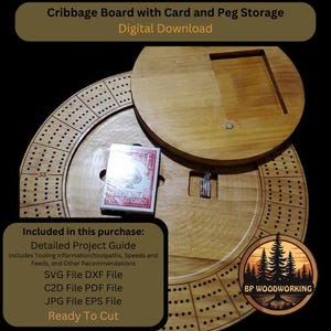 Cribbage Board con archiviazione - File CnC + Guida al progetto - Percorsi utensile, velocità e avanzamenti, Guida per principianti, Pronto all'uso, .c2d, .svg, .dxf, .eps