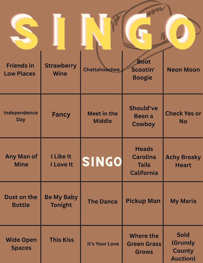 Puede incluir: Un tablero de juego SINGO marr&oacute;n con un gr&aacute;fico de sombrero de vaquero. El tablero presenta una cuadr&iacute;cula con t&iacute;tulos de canciones como "Neon Moon" y "Achy Breaky Heart". La palabra "SINGO" est&aacute; en el centro.